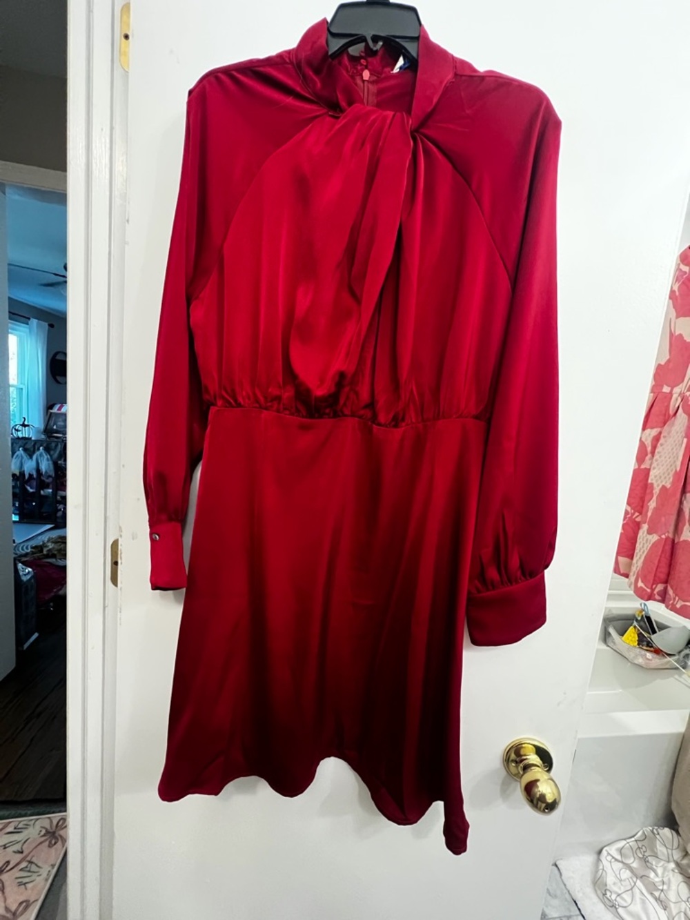 She + Sky Red Satin Tie-Neck Long Sleeve Dress